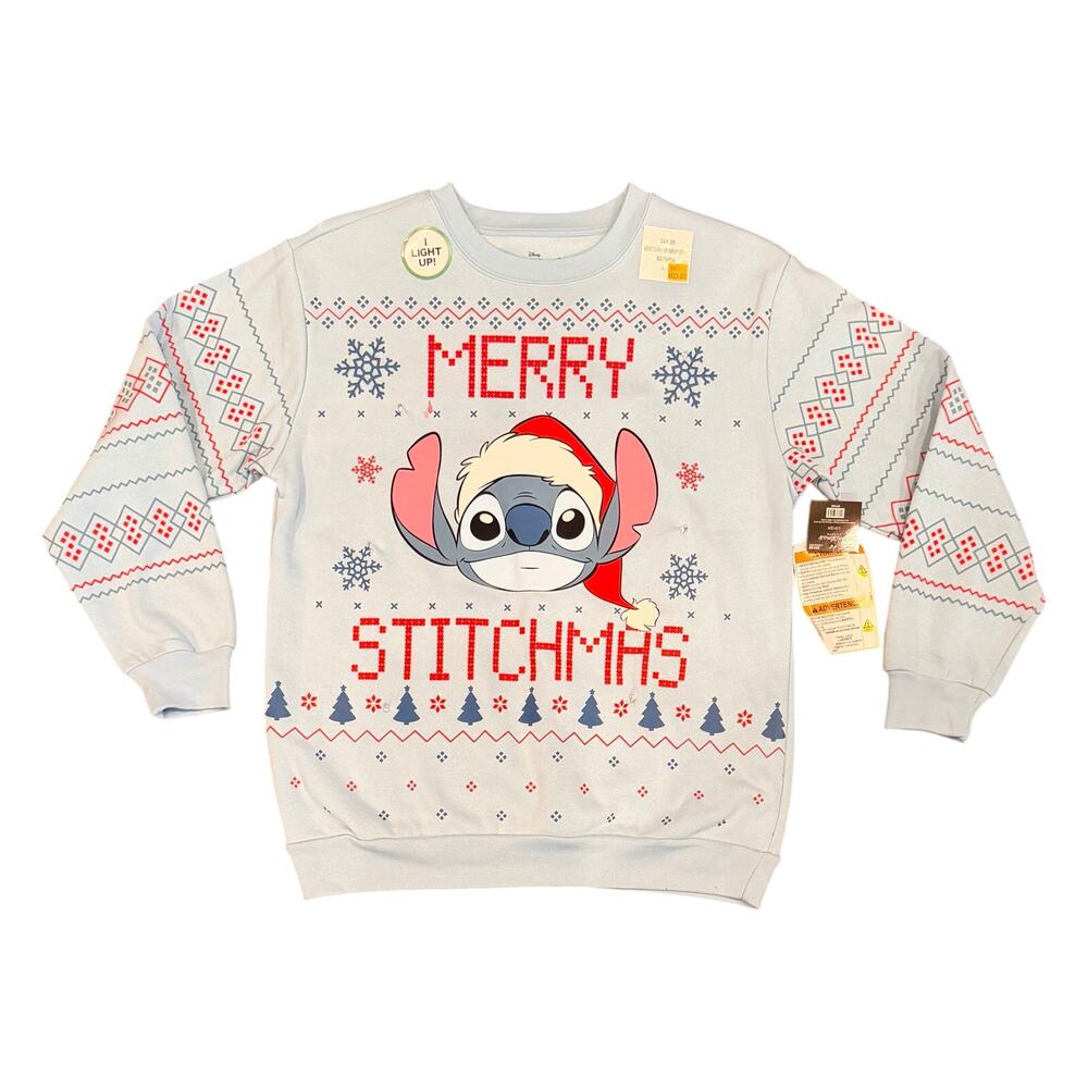 New Disney’s Stitch Christmas Light-Up Adult Sweatshirt Size Large Baby Blue